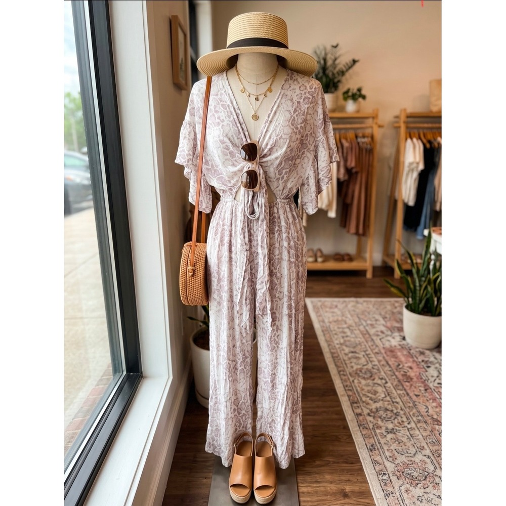 Olivaceous Snake Print Tie Front Cutout Wide Leg Jumpsuit Small Cream Mauve